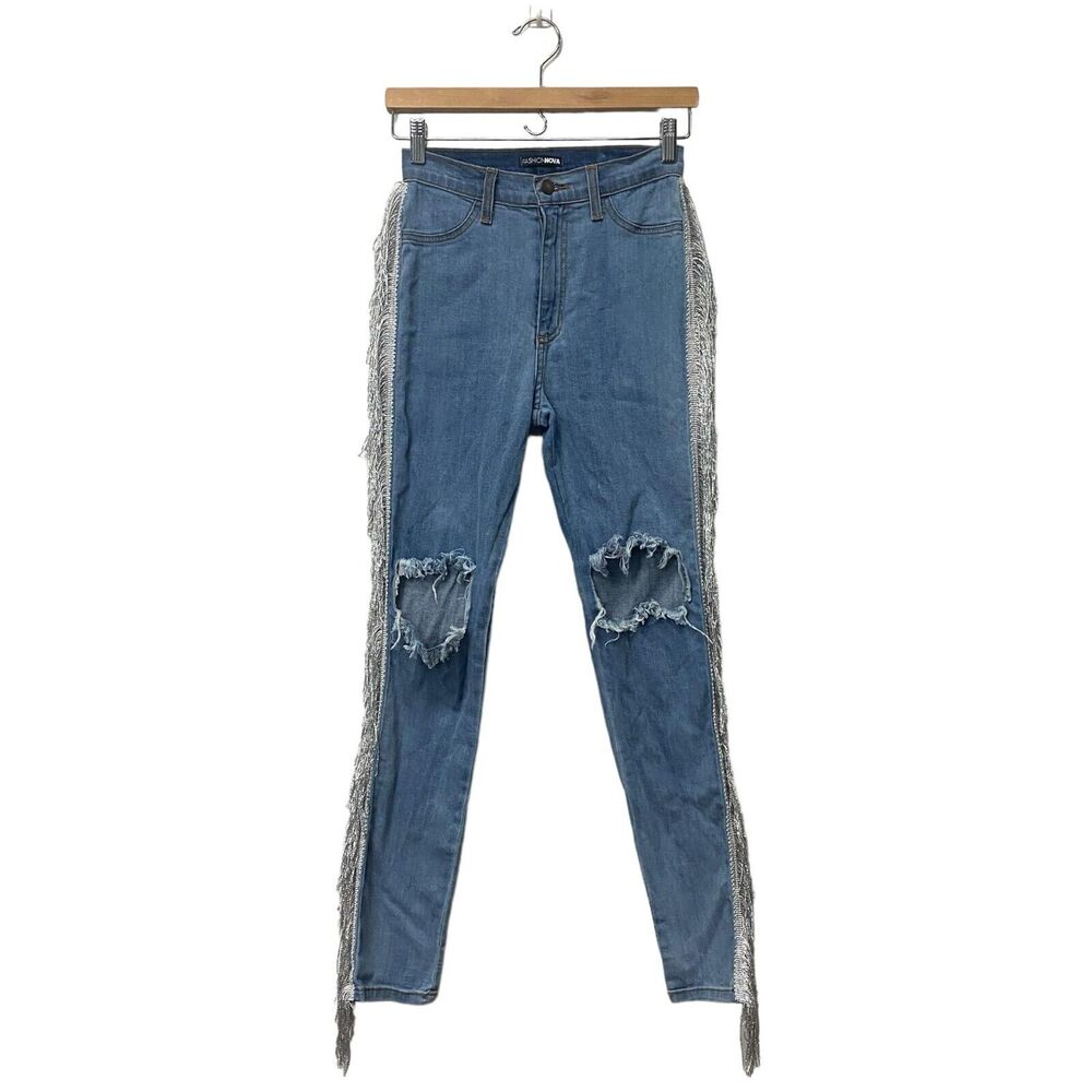 Fashion Nova Skinny Jeans Ripped Fringe Trim Size 3 Junior Festival High Waisted